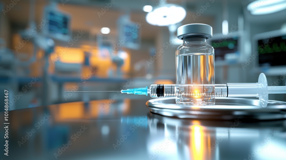 Detailed Close-up of Syringe Filled with Clear Liquid on Steel Tray in Hospital Environment with Focused Light Detailed Close-up of Syringe Filled with Clear Liquid on Steel Tray in Hospital Environment with Focused Light