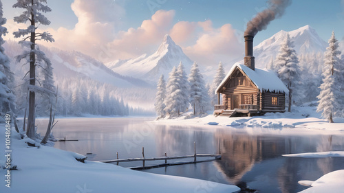 Winter Wonderland with Snow-Covered Trees and a Cabin