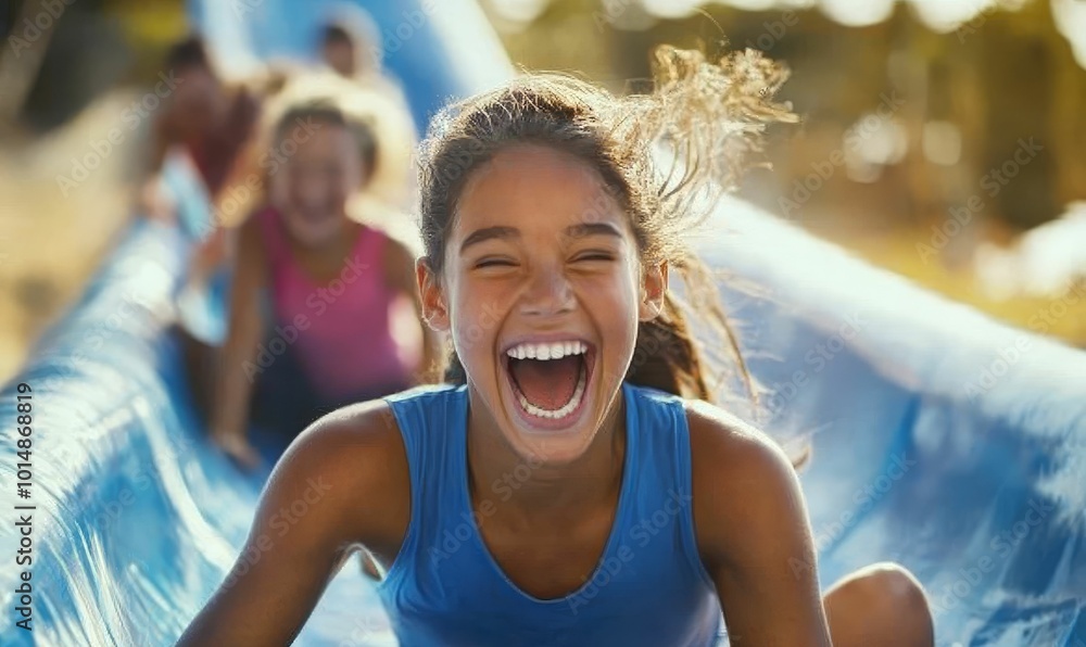 Girl laughing on a waterslide. Girl laughing on a waterslide.