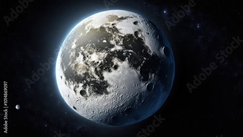 A detailed view of a celestial body resembling the Moon in a cosmic setting.