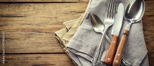 A simple yet sophisticated table setting featuring a silver cutlery set. photo