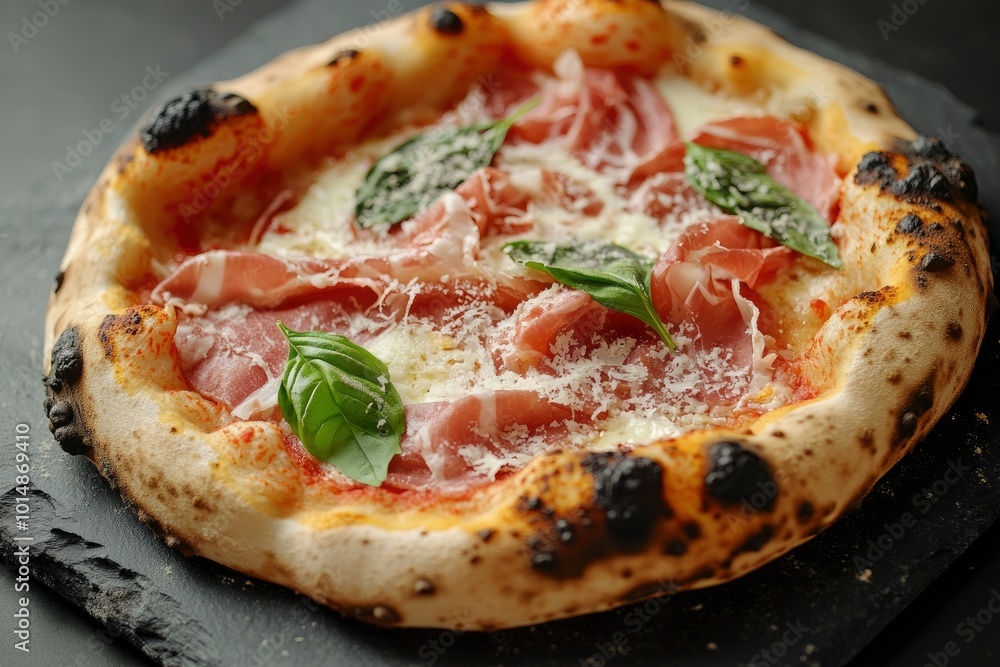 Delicious homemade pizza with prosciutto and Parmesan cheese. Home delivery of food. On a black stone background - generative ai Delicious homemade pizza with prosciutto and Parmesan cheese. Home delivery of food. On a black stone background - generative ai