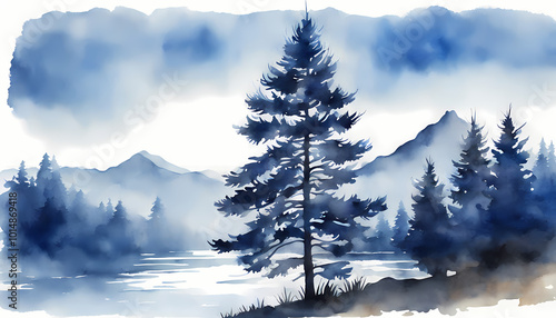 Large Blue Silhouette Pine Tree on Hill above Calm Forest and Mountain River in Blue Monochrome Stilistic Landscape photo