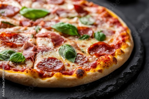 Delicious homemade pizza with prosciutto and Parmesan cheese. Home delivery of food. On a black stone background - generative ai