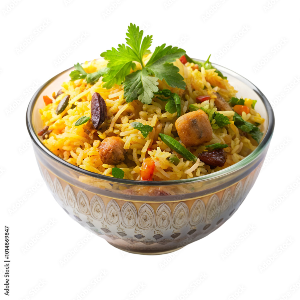 Veg Schezwan Fried Rice on white bowl isolated on transparent background Veg Schezwan Fried Rice on white bowl isolated on transparent background