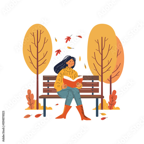 Girl Reading Book on Bench in Autumn Park