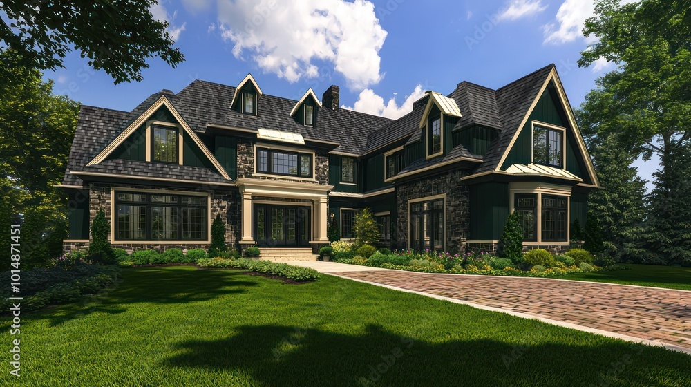 Home exterior rendering in forest green accents, with traditional architectural style, dark limestone and hickory details, expansive windows, cream roof trim, a brick driveway, and lush green grass Home exterior rendering in forest green accents, with traditional architectural style, dark limestone and hickory details, expansive windows, cream roof trim, a brick driveway, and lush green grass