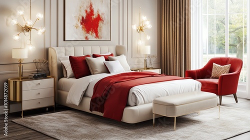Luxury bedroom with red accents and gold details.
