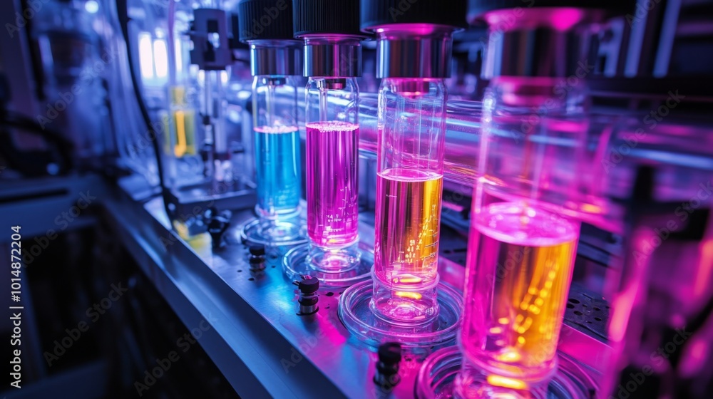 Brightly colored liquids fill several test tubes in a laboratory, illuminated by dramatic lighting. The setup showcases an atmosphere of scientific exploration and experimentation. Brightly colored liquids fill several test tubes in a laboratory, illuminated by dramatic lighting. The setup showcases an atmosphere of scientific exploration and experimentation.