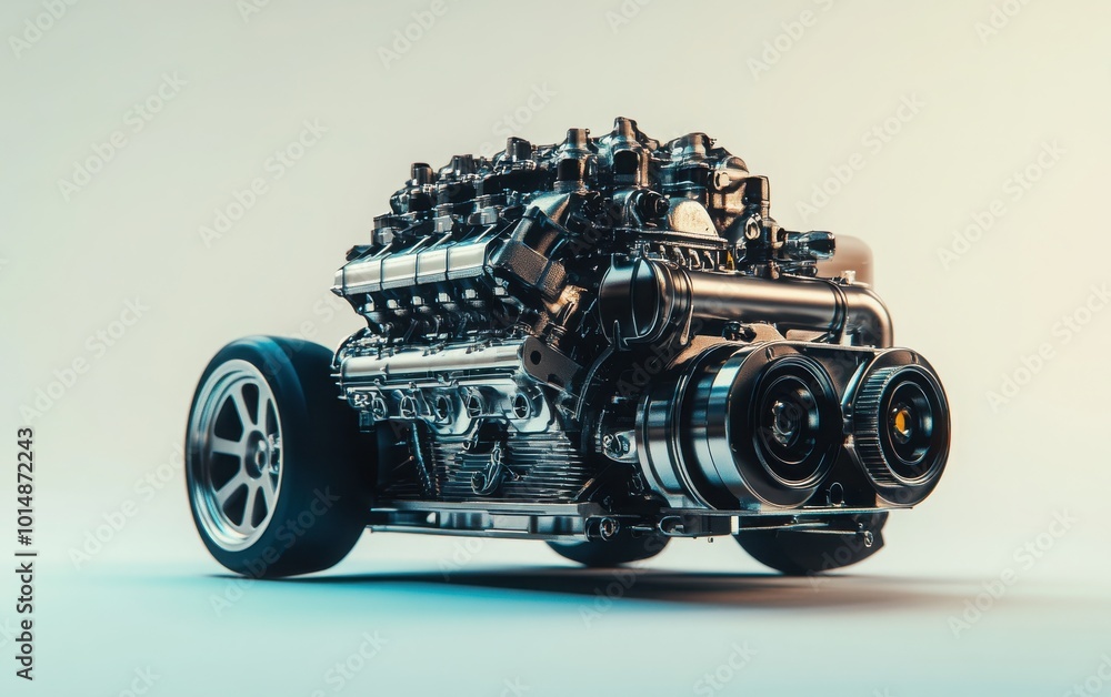 An impressive 3D rendering of a modern sports car's V12 5.2-liter twin-turbo engine, focusing on its robust construction and technological advancements. An impressive 3D rendering of a modern sports car's V12 5.2-liter twin-turbo engine, focusing on its robust construction and technological advancements.