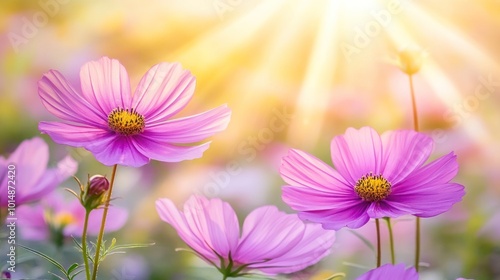 Pink cosmos flowers blooming in a field with a bright sun shining behind them.