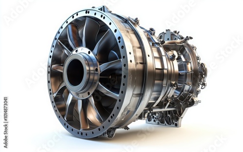 A realistic rendering of a turbocharger turbine for automotive applications, isolated on a white background. The image highlights the turbine's design, showcasing its blades  photo