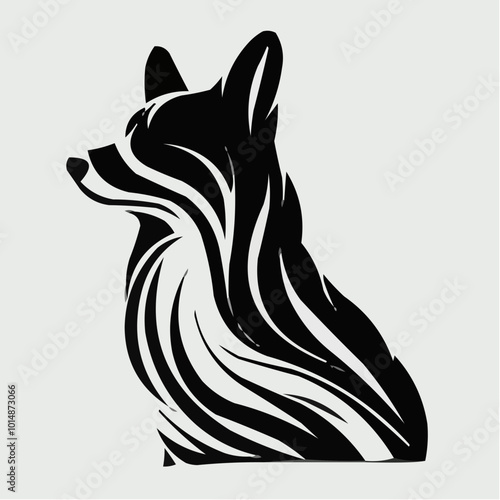 Stylized black silhouette of a corgi dog with flowing lines in a side profile on a light background
