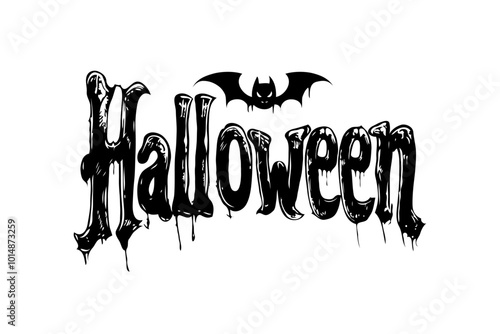 Spooky Halloween text graphic with a bat illustration above the word. Black-and-white style on a white background. Concept of Halloween photo