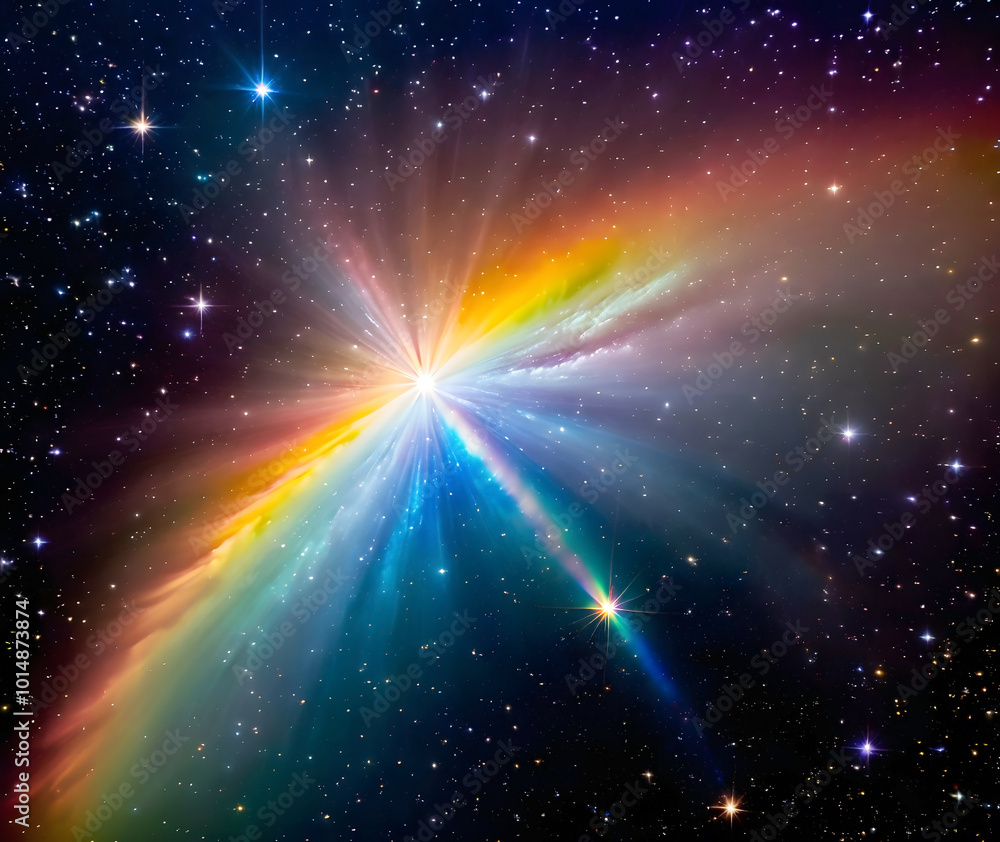 A picture of a starburst rainbow galaxy bathed in the soft glow of its newborn stars. A picture of a starburst rainbow galaxy bathed in the soft glow of its newborn stars.