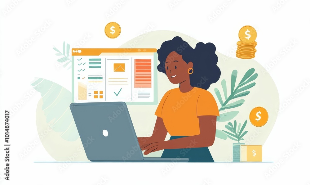 Woman working on laptop making money. Woman working on laptop making money.