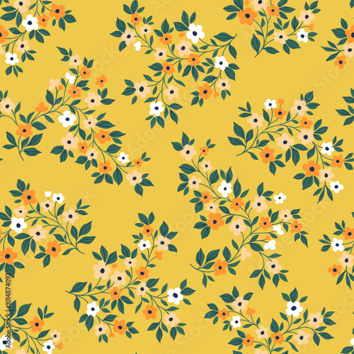Vintage seamless floral pattern. Liberty style background of small pastel orange flowers. Small flowers scattered over a yellow background. Stock vector for printing on surfaces. Abstract flowers.