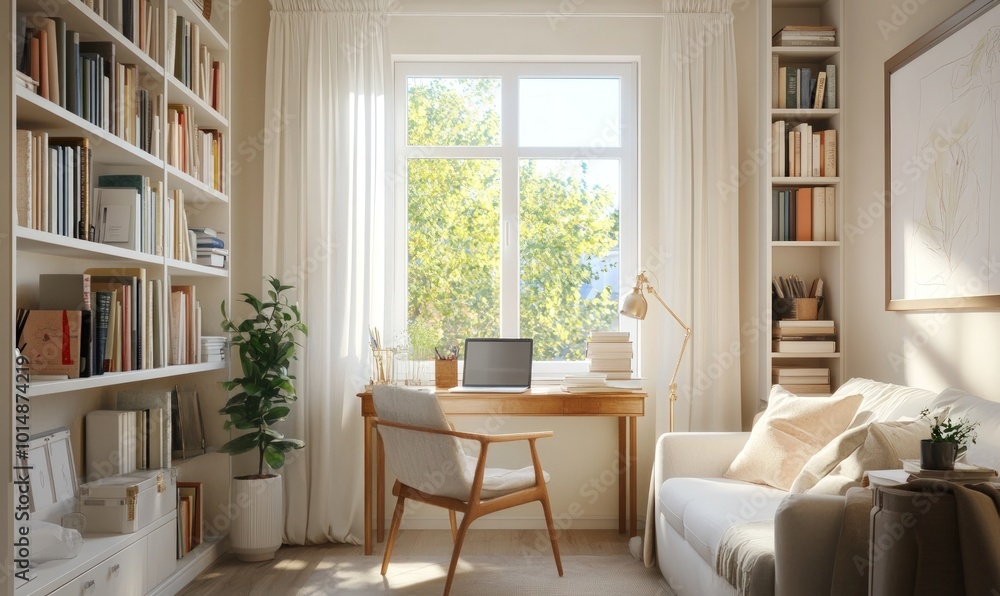 Fototapeta premium A bright and airy home office with a desk, chair, laptop, bookshelves, and a sofa, with sunlight streaming through a window.