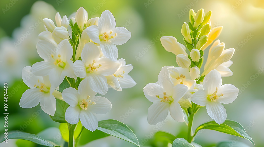 Obraz premium A close-up of white weigela blooms a soft, blurred background