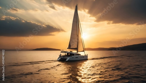 Sailboat cruising at sunset with dramatic clouds and golden rays reflecting on water