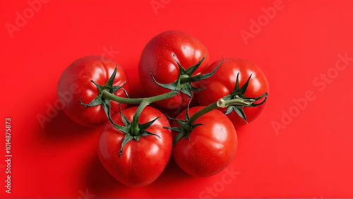Fresh tomatoes on the vine with herbs solid bold red background