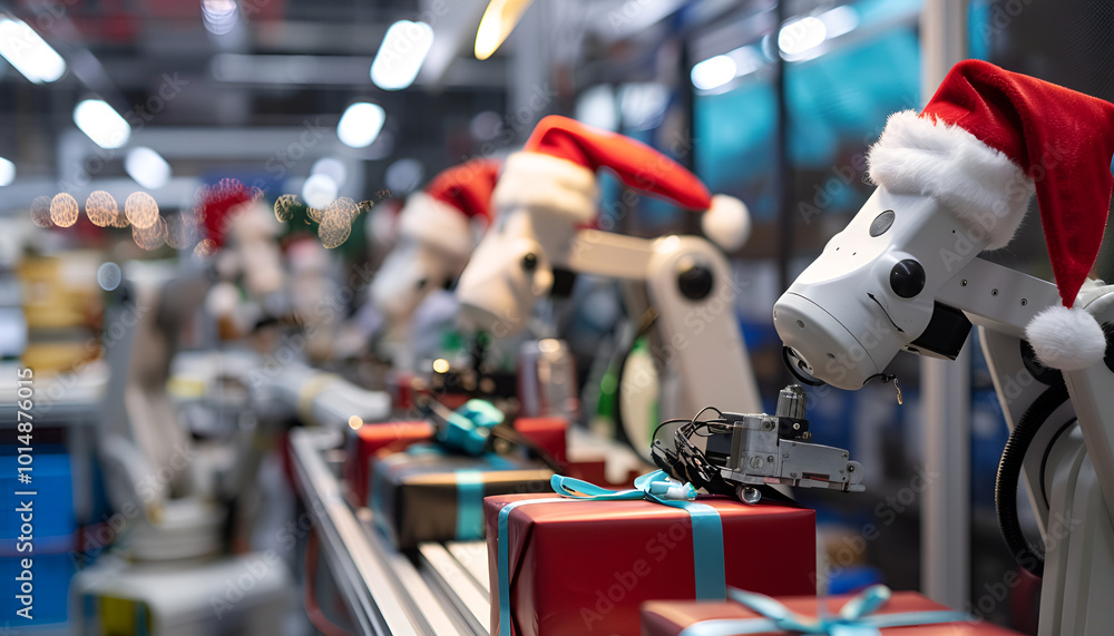 custom made wallpaper toronto digitalRobots in santa hats automating gift wrapping at the north pole, symbolizing holiday tech innovation