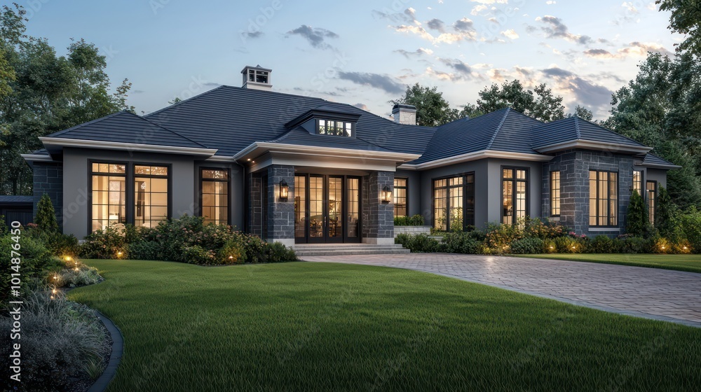 Home exterior rendering in slate gray accents, with traditional architectural style, dark limestone and hickory details, sweeping windows, cream roof trim, a brick driveway, and lush green grass Home exterior rendering in slate gray accents, with traditional architectural style, dark limestone and hickory details, sweeping windows, cream roof trim, a brick driveway, and lush green grass