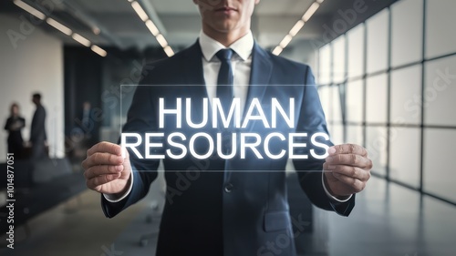 Businessman holding Human Resources sign in modern corporate office with professional team and business environment Concept of human resource management recruitment employee development