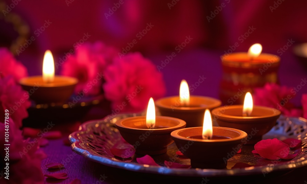 Ornate golden diya lamp, glowing candles Ornate golden diya lamp, glowing candles