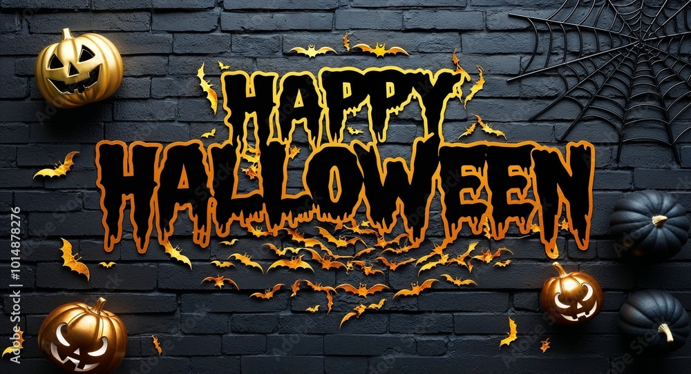 Fototapeta premium Black and gold theme happy halloween lettering on scary creepy concept background
