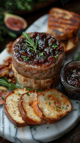 Terrine-style Pâté de Foie Gras: Marble Platter with Toasted Walnut Bread and Fig Jam, Vertical View