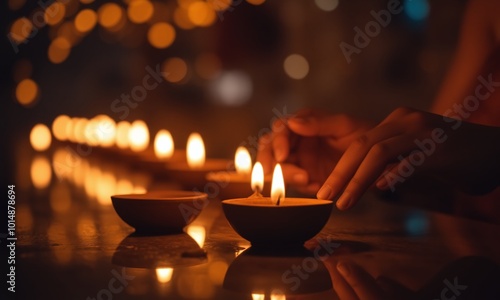 Diwali celebration, hands lighting clay diya lamps photo