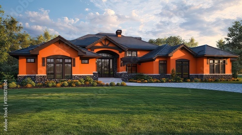 Home exterior rendering in tangerine accents, with traditional architectural style, dark pebble and fir details, sweeping windows, porcelain roof trim, a limestone driveway, and a rich green lawn