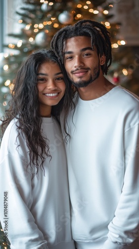 couple wearing white sweatshirt mockup and Santa hat on Christmas tree background. ai generated photo