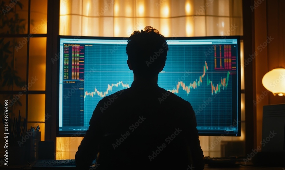 Silhouette of a person viewing financial charts. Silhouette of a person viewing financial charts.