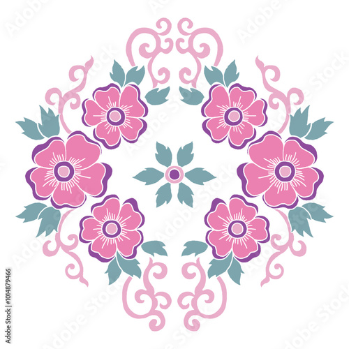 embroidery pink flower with green leaves and curly ornament for fashion textile, vector illustration