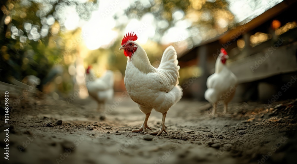 Fototapeta premium Group of chickens on a farm yard chicken eco farm, free range chickens and care of poultry, raising chickens on a poultry farm
