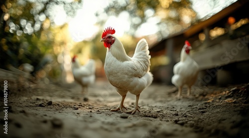 Group of chickens on a farm yard chicken eco farm, free range chickens and care of poultry, raising chickens on a poultry farm