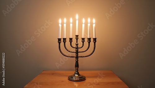 Menorah with lit candles glowing warmly against a soft background