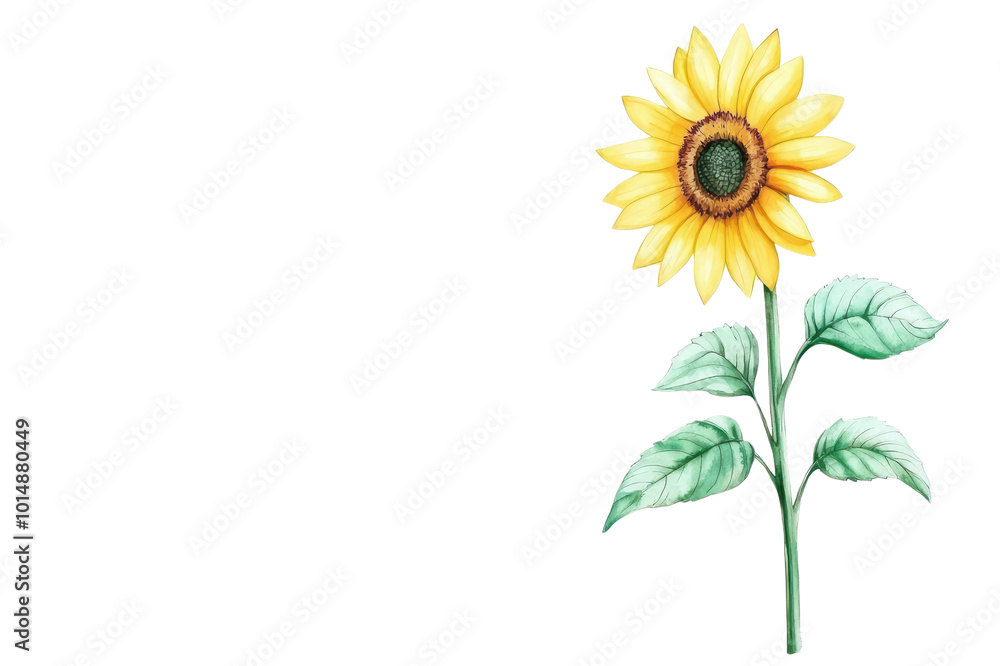 Obraz premium A vibrant sunflower with green leaves, isolated on transparent background.
