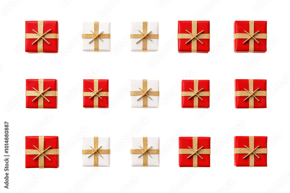 Obraz premium Collection of beautifully wrapped gifts with red and white colors, perfect for celebrations isolated on transparent background.