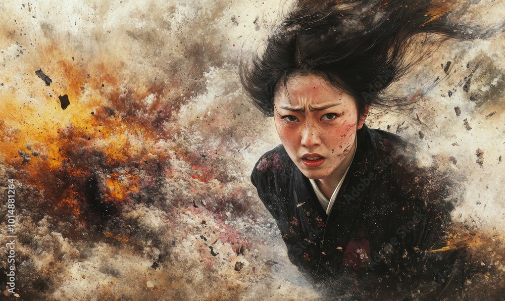 Obraz premium A woman with a fierce expression amidst fire and debris.