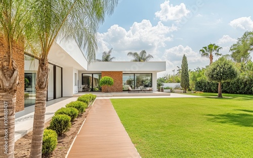 A modern home with a spacious lawn, palm trees, and a wooden pathway, showcasing contemporary architecture and outdoor living.