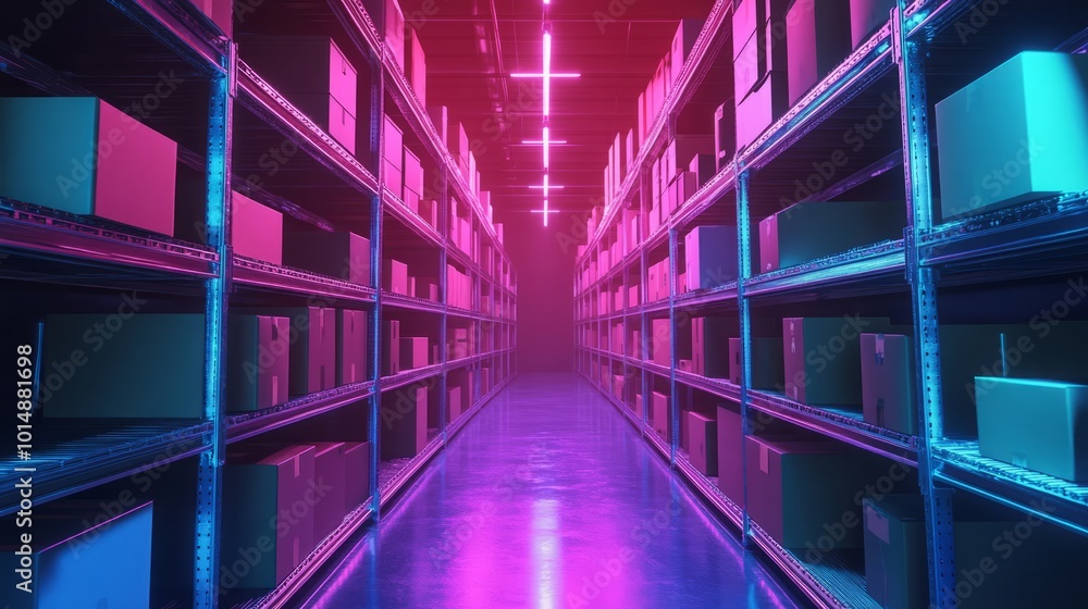 A brightly lit warehouse with shelves filled with boxes. A brightly lit warehouse with shelves filled with boxes.