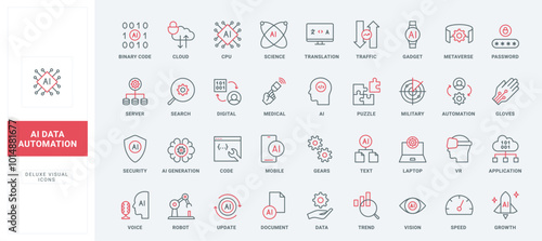 AI, data traffic, update and search, automation and application development line icon set. Automated futuristic brain of AI, robot and trends thin black and red outline symbols vector illustration