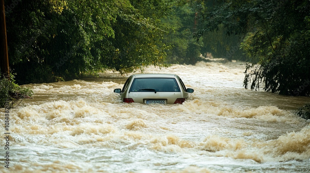 A submerged car in a flooded area surrounded by trees. A submerged car in a flooded area surrounded by trees.