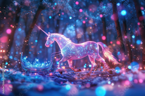 Holographic Unicorn Pulling Sleigh Through Enchanted Forest: A Magical Scene of Fantasy and Wonder photo