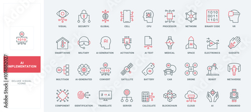 Implementation of AI services, activation and identification line icon set. Auto generated data with machine assistant, business automation thin black and red outline symbols vector illustration