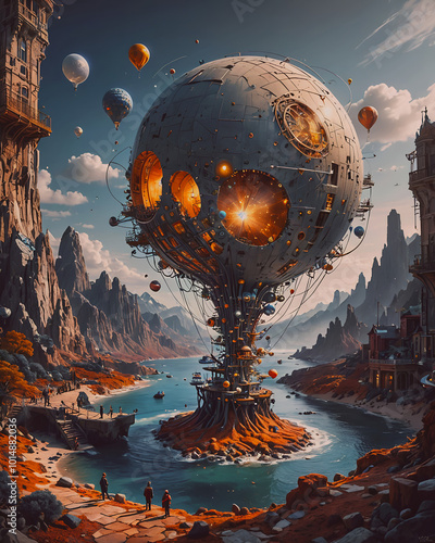 Fantasy alien planet. Mountain and hot air balloon. 3D illustration
