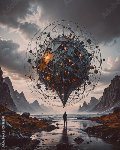 A man stands in front of a large ball of a mountain.